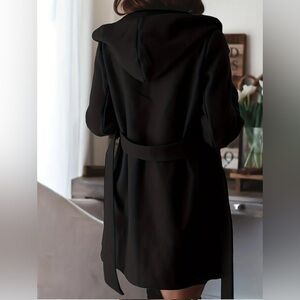 Solid Color Double Lapel With Hood Trench Coat, Casual Fall Winter Jacket